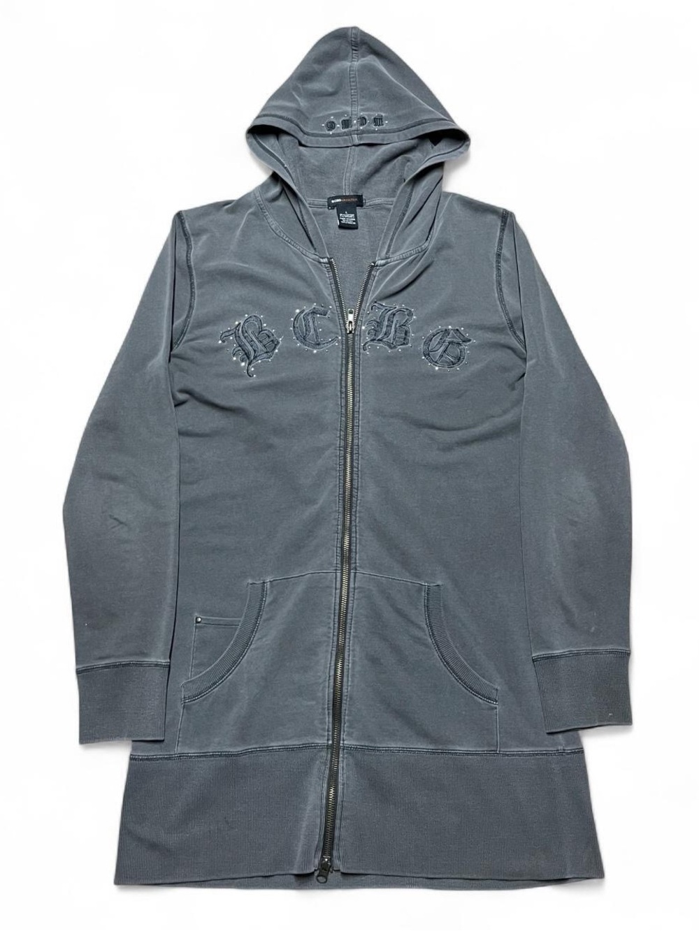 Vintage BCBG Grey Cotton Zip Hoodie Long Y2K Skater Grunge Rhinestone Size L